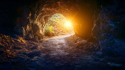 una cueva dentro de las monta&ntilde;as oscura e iluminada con los rayos del sol con piedras y un camino al interior aventura y tranquilidad