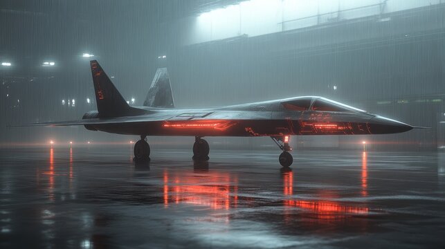 Futuristic stealth fighter jet on rainy hangar floor.