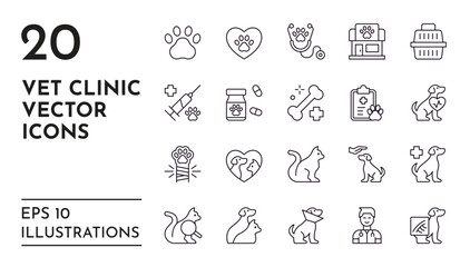 Pet icons. Vet clinic. Veterinary shop. Hospital for domestic animals. Syringe and pills. Medicine symbols. Dog and cat care. Parrot cage. Collar and carrier. Vector line pictograms set