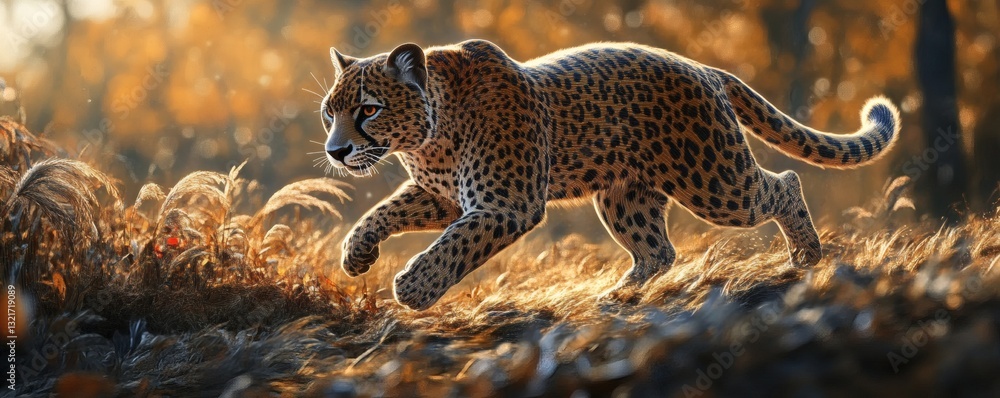 Poster a spotted cheetah is running swiftly through the tall grassy field