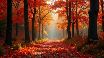 Fototapeta premium Dense autumn forest ablaze with vivid orange and red leaves, golden sunlight filtering gently through the trees, casting a warm and cozy atmosphere.