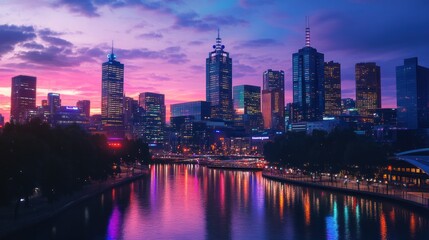 Fototapeta premium The City Skyline Reflected Beautifully on the River Water at Twilight
