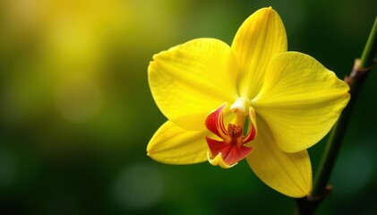Fototapeta premium Golden yellow orchid, dewdrop on petal, sharp focus , texture, golden, light