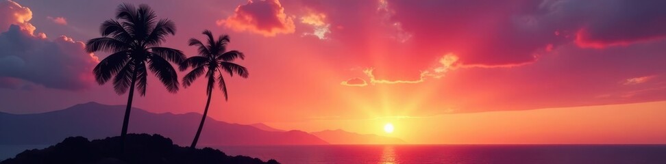 Obraz premium Giant palm tree silhouette against vibrant sunset sky, giant, stars, treetop