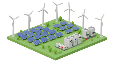 Isometric 3D render of wind turbines solar panels and a battery bank isolated on a white background Depicts alternative renewable power generation and electricity production in the.solar panel, sky, b