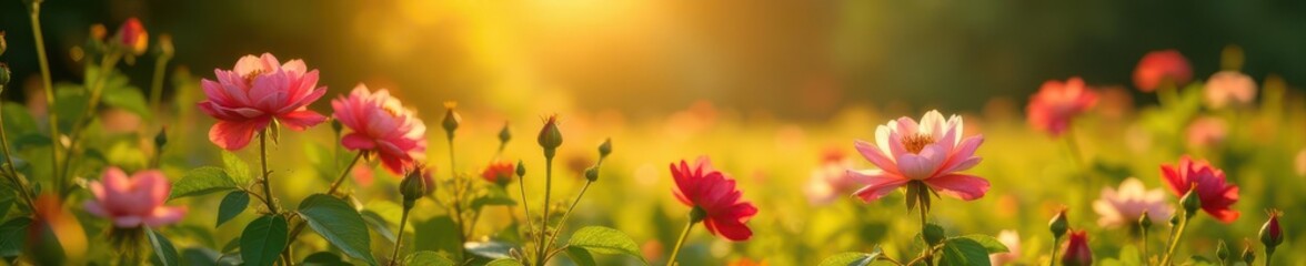 Obraz premium Golden morning light bathes lush meadow with blooming wild roses , daybreak, countryside, rural