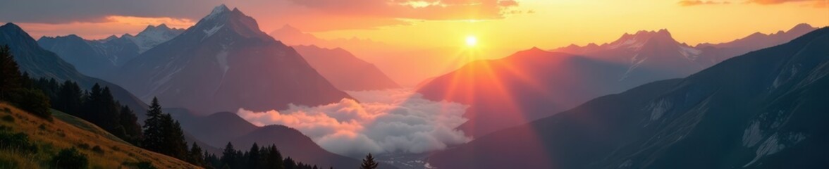 Obraz premium Golden sunrise bathes alpine peaks, mist-shrouded valley below , mist, peaceful