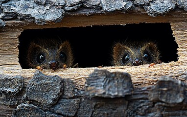 Two Curious Animals Peeking from Tree Trunk