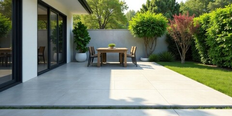 Modern Patio Design Featuring Light Grey Porcelain Tiles and Lush Greenery