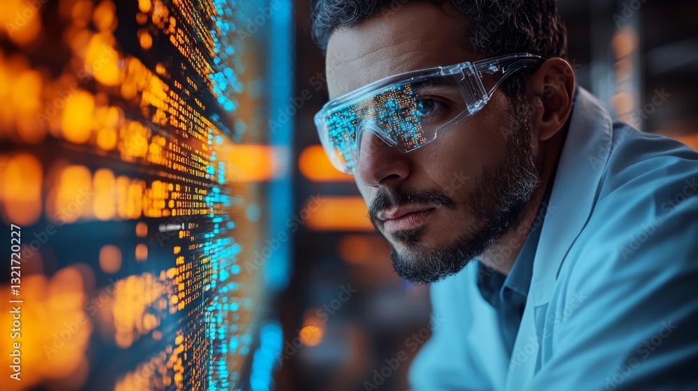 Poster A researcher intently examines quantum computing data displays on a wall, demonstrating principles like superposition and entanglement in a high-tech lab. Vibrant colors reflect advanced simulations.
