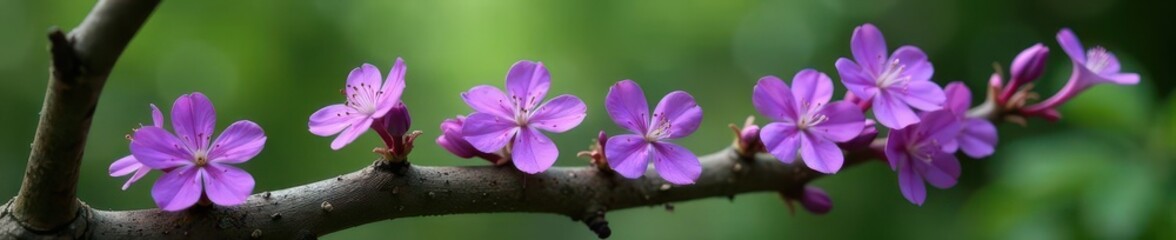 Fototapeta premium Lush purple wildflowers clustered on a weathered branch , closeup, purple wildflowers