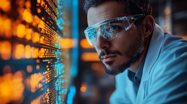 A researcher intently examines quantum computing data displays on a wall, demonstrating principles like superposition and entanglement in a high-tech lab. Vibrant colors reflect advanced simulations.