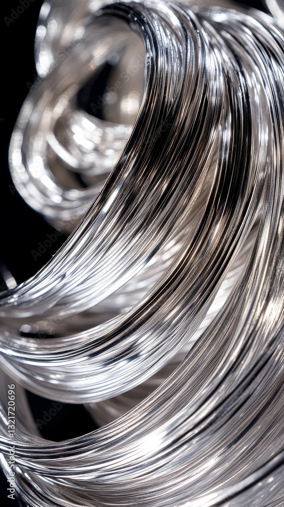 Poster a close-up image of glossy silver wire coils, lit by delicate bokeh light, showcasing the texture an