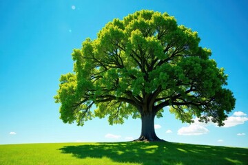 Obraz premium Massive oak dominates clear azure sky; sunlight filters through leaves, scenic, photo, vista