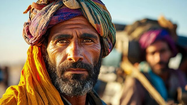 Portraits of resilient desert nomads with traditional turbans, showcasing wisdom and heritage
