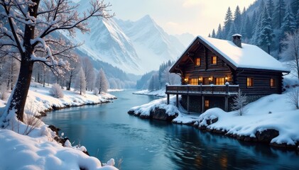 Fototapeta premium Rustic wooden chalet by a flowing river, winter scene, photography, winter, forest