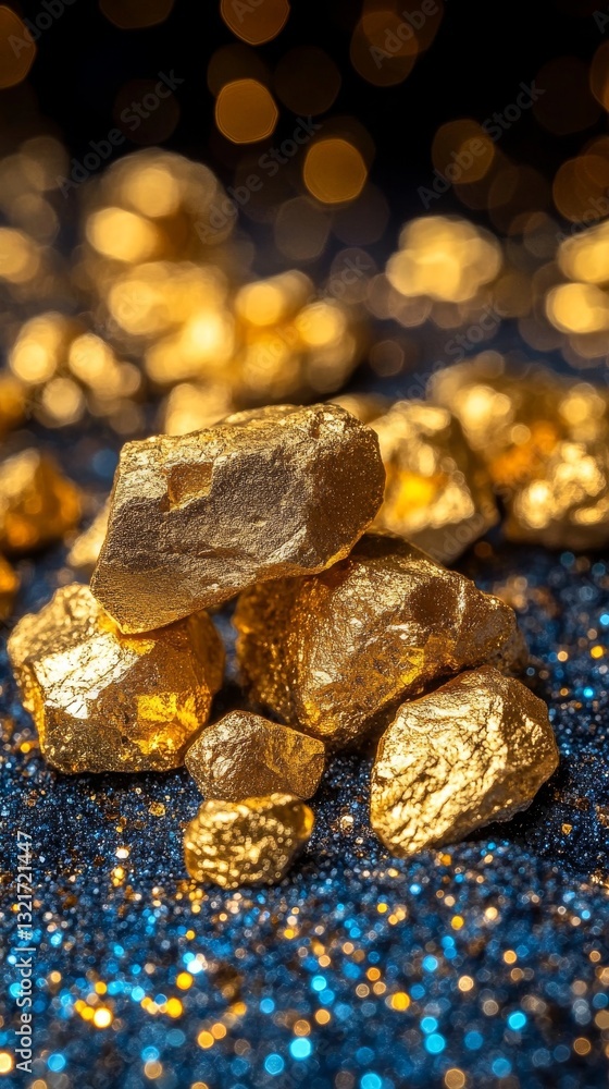 Poster a zoomed-in shot of a gleaming golden mineral, surrounded by glittering particles, crafting a visual