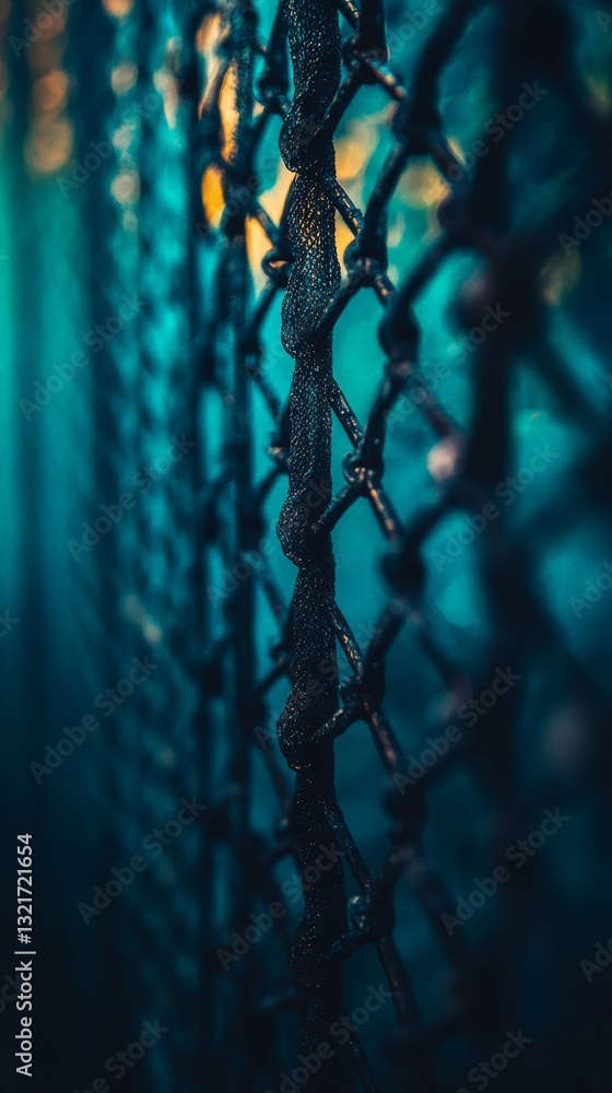 Poster a zoomed-in view of a textured net with a blue background, showcasing the detailed knots and fibers