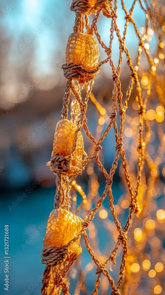Poster a close-up image of a textured net against a blue backdrop, focusing on the intricate knots and fibe