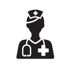  A minimalist, graphic depiction of a nurse, symbolizing care, health, and medical assistance. A simple silhouette of a nurse, with a stethoscope, essential medical worker