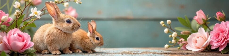 Obraz premium Sweet bunnies amongst a beautiful spring floral arrangement Rustic wooden backdrop , stock photo, petals