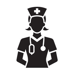  A bold silhouette of a healthcare professional, radiating care and compassion. The nurse stands with hands clasped, a stethoscope around the neck.