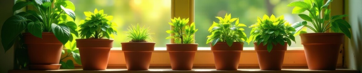 Obraz premium Vibrant green blooms in terracotta pots, sunny windowsill, beauty, fresh, still life