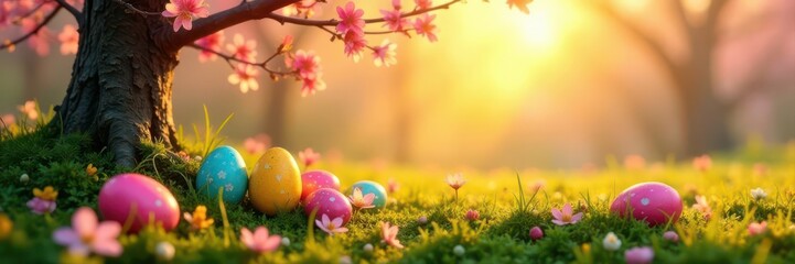 Fototapeta premium Vibrant painted eggs scattered beneath blossoming trees, golden sunrise , golden hour, rustic