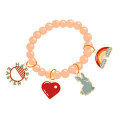 Happy Easter Jewelry in the form of a bracelet. A bracelet with a red heart, a rabbit, a keychain with Happy Easter and a rainbow. Pink children s bracelet with gold rings.