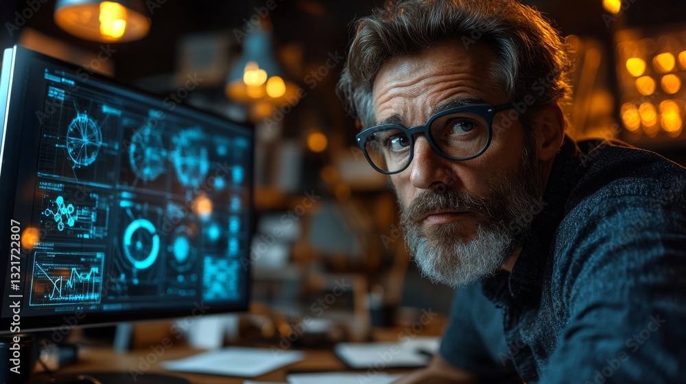 Poster In a dimly lit workspace, a researcher focuses on a screen displaying complex quantum computing concepts, including qubits and entanglement. He appears engaged with the data analysis process.