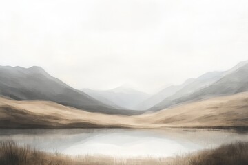 Serene Mountain Landscape with Mist and Calm Reflective Water