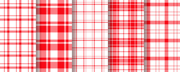 Plaid background. Table cloth seamless pattern. Red white tablecloth. Vichy gingham texture. Tartan check backdrops. Set checkered kitchen prints. Picnic retro textile wallpaper. Vector illustration.