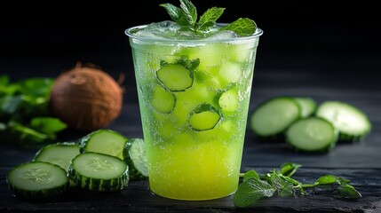 Coconut milk pennywort juice layered in a plastic cup showcasing refreshing hues and fresh ingredients