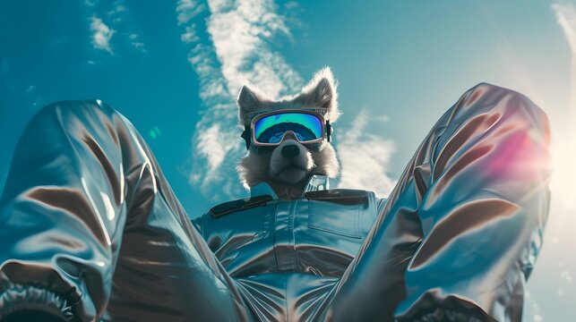 Futuristic Anthro Furry in Holographic Sunglasses and Silver Jumpsuit in Dynamic Low Angle Sci Fi Photography Composition