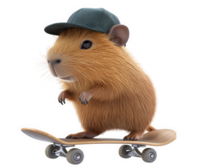 capybara riding skateboard, wearing cool cap, showcases playful and adventurous spirit. This charming scene captures joy of fun and leisure