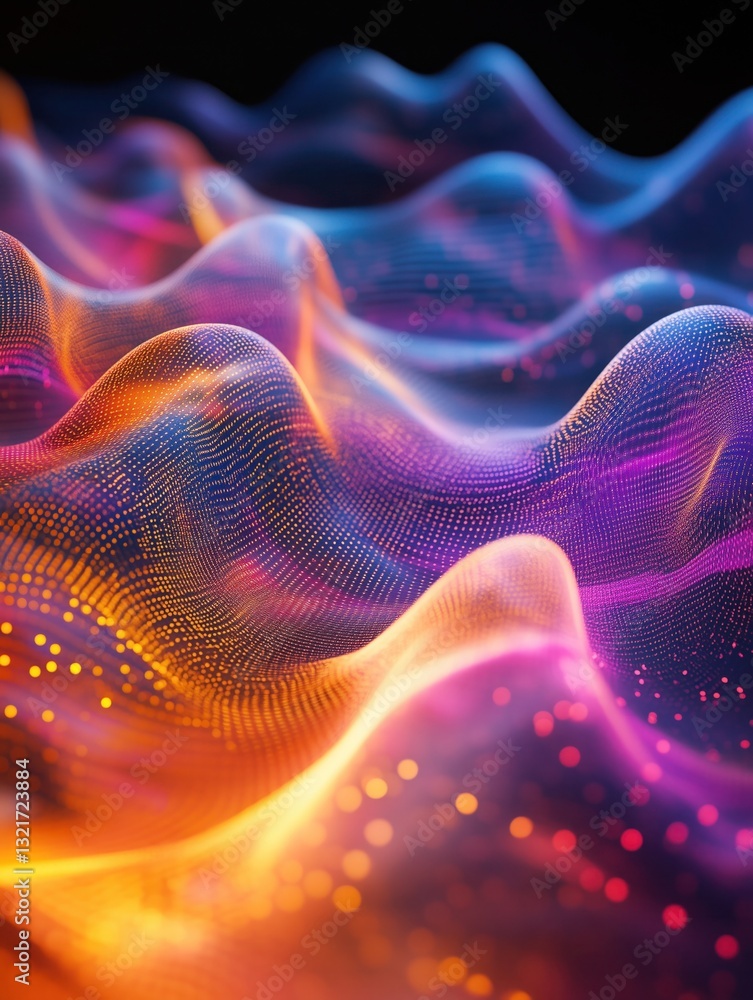 Poster vibrant digital wave patterns in gradient colors of orange, purple, and blue with dot matrix effects