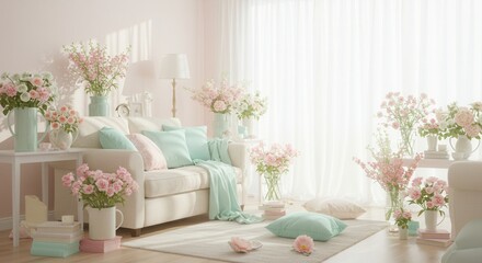 Living Room Decorated with Floral Arrangements and Soft Pastel Hues