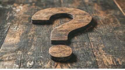 Unique wooden question mark on rustic table represents uncertainty and intrigue in a casual setting