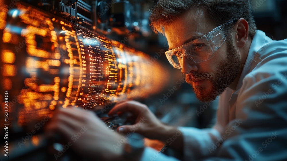 Poster A scientist in protective eyewear adjusts equipment in a laboratory focused on quantum mechanics, investigating superposition and decoherence in qubits during an energy simulation experiment.