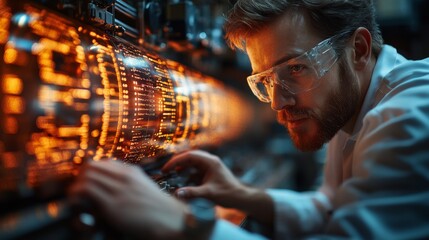 A scientist in protective eyewear adjusts equipment in a laboratory focused on quantum mechanics, investigating superposition and decoherence in qubits during an energy simulation experiment.