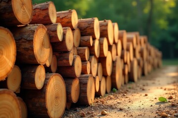 Stacked Timber Logs in a Forest Setting at Golden Hour