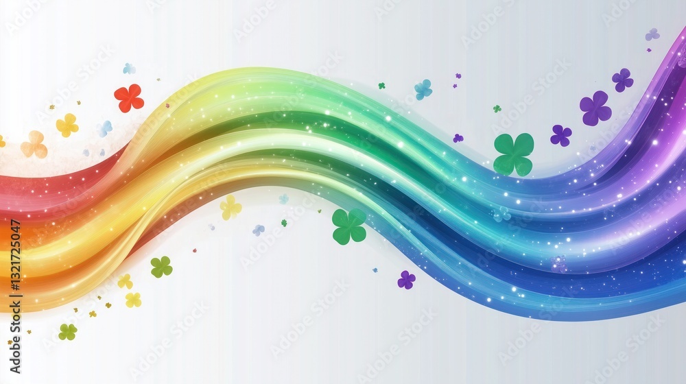 Poster colorful wavy lines with clover and sparkling elements on light background, creating vibrant and liv