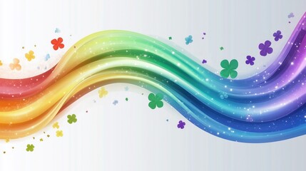 Colorful wavy lines with clover and sparkling elements on light background, creating vibrant and lively visual suitable for wallpaper.