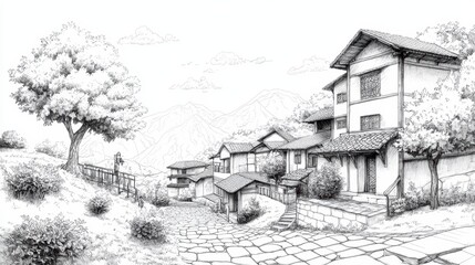 Enchanting mountain house drawing, a cozy retreat nestled amidst majestic peaks and serene landscape