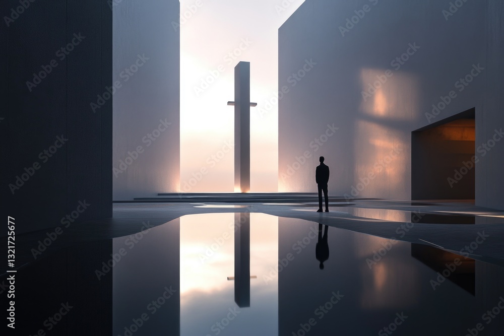 Poster a person stands in a room with a cross as the background