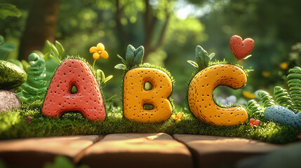 Colorful 3D alphabet letters A, B, C surrounded by lush greenery, perfect for educational or childrens content