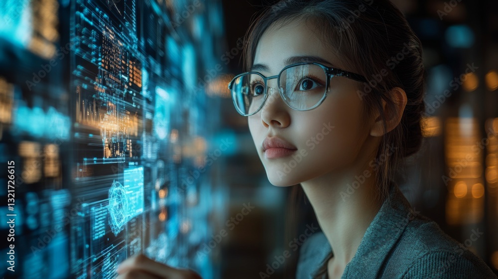Fototapete A focused individual examines intricate quantum data visualizations in a modern laboratory setting, highlighting concepts of qubit, entanglement, and optimization.