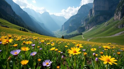 Fototapeta premium A wildflower-filled valley nestled between towering mountains, vibrant colors of spring blossoms under a clear blue sky, fresh air carrying the scent of nature.