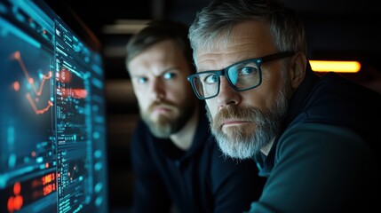 Navigating Financial Market Focused Look At Growth Blue Line Graphs And Screen Data Center Analysis For Beard Wearing Professionals Using Computer Tools