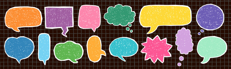 Hand drawn colorful doodle speech bubbles with texture, oval, star, rectangular and heart shaped, graphic design elements
